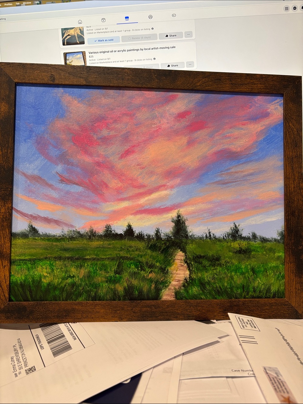 “Pink Sunset” original acrylic painting on canvas board, framed